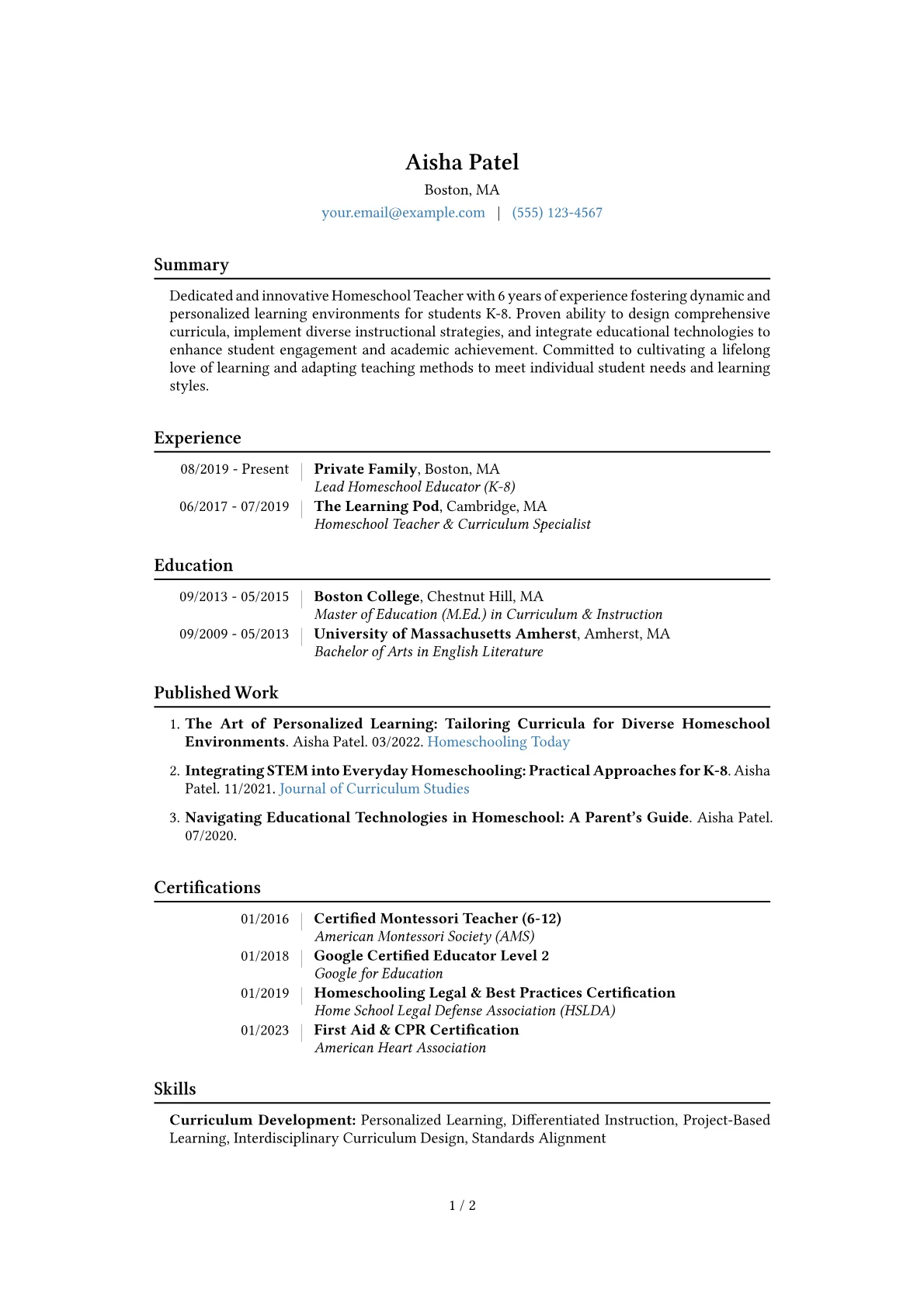 Homeschool Teacher Resume Example CV template - Page 1
