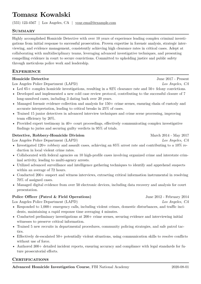 Homicide Detective Resume Example CV template preview