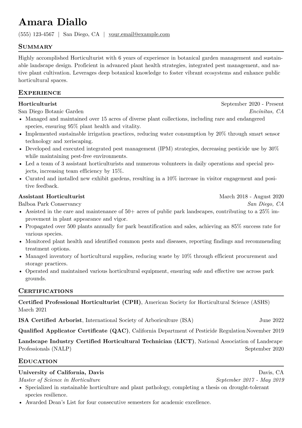 Horticulturist Resume Example CV template - Page 1
