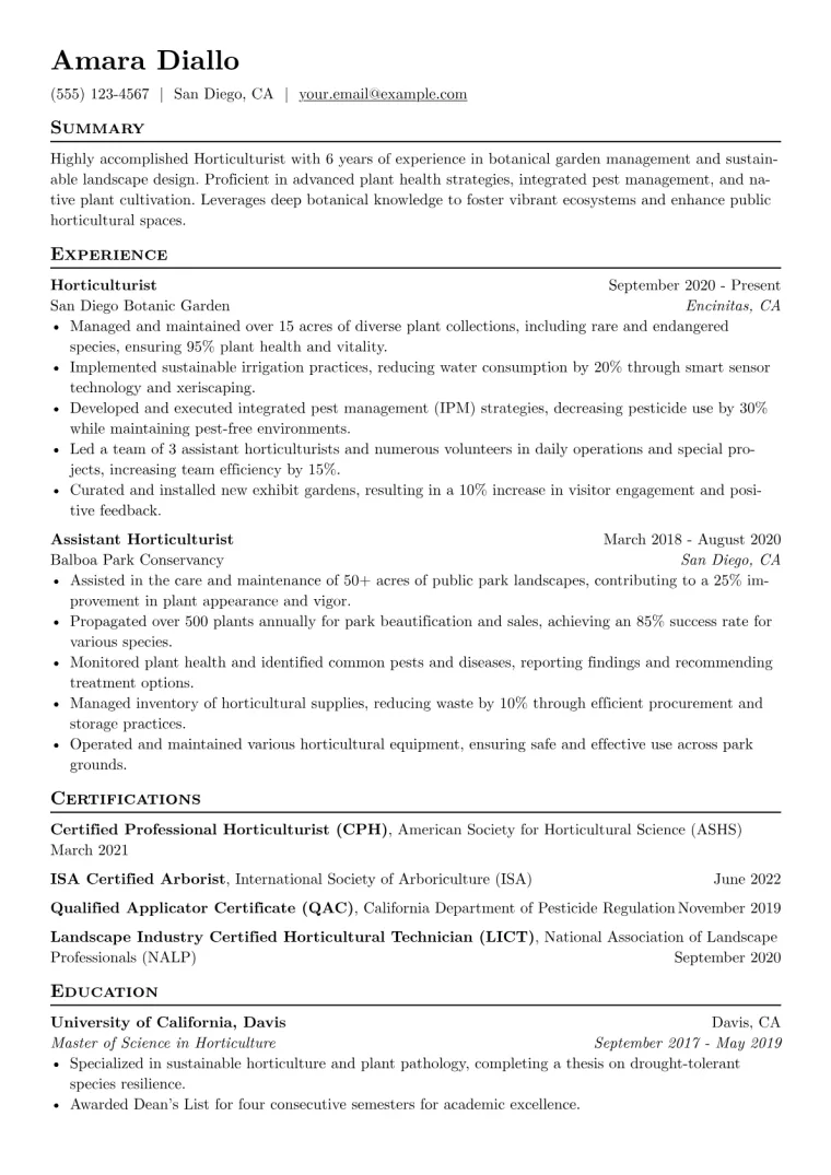 Horticulturist Resume Example CV template preview