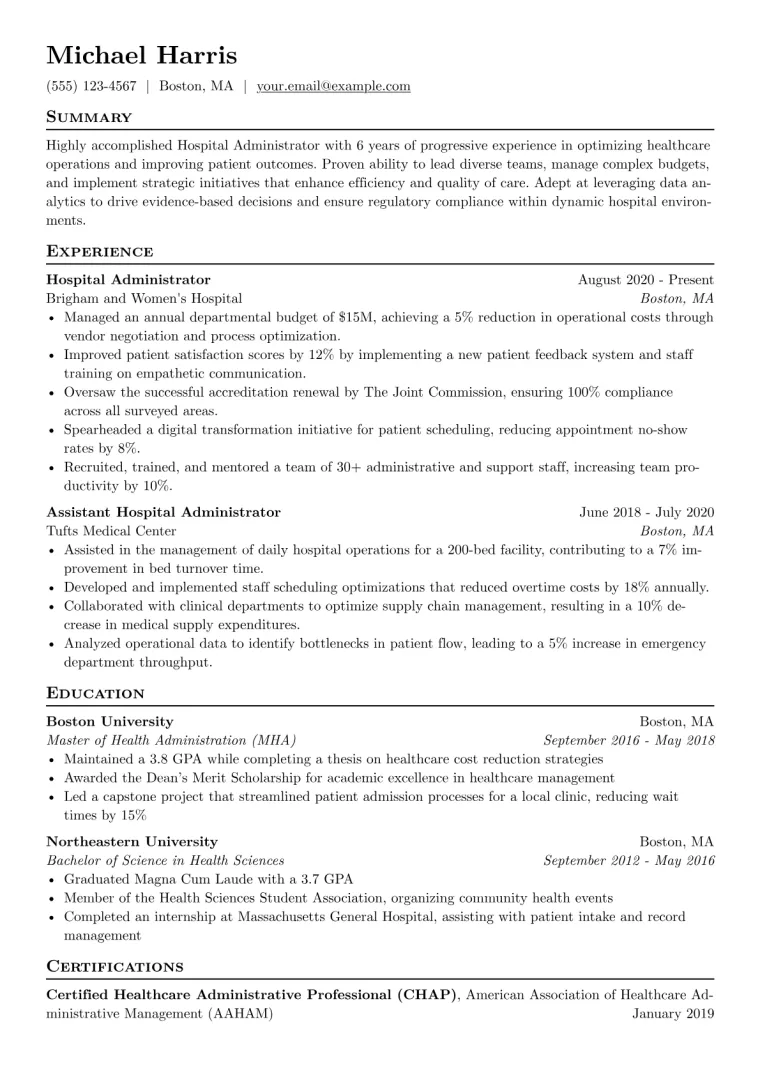Hospital Administrator Resume Example CV template preview
