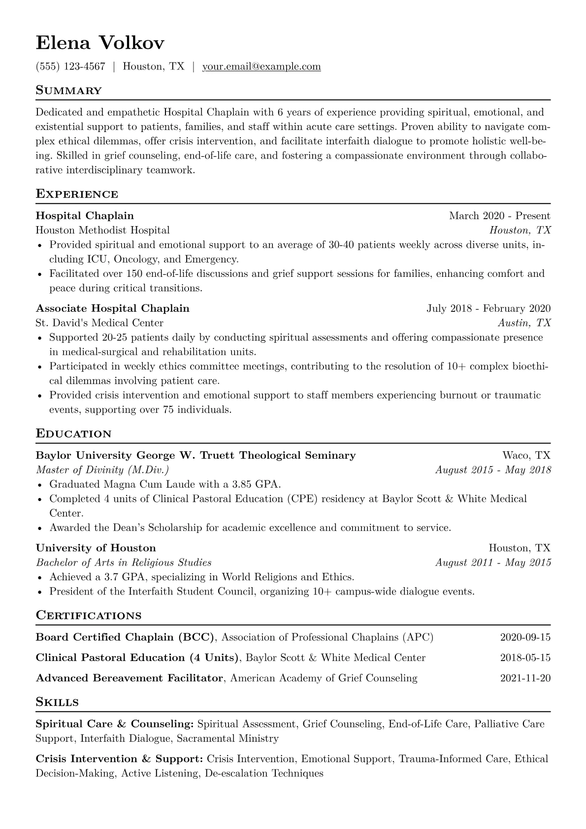 Hospital Chaplain Resume Example CV template - Page 1