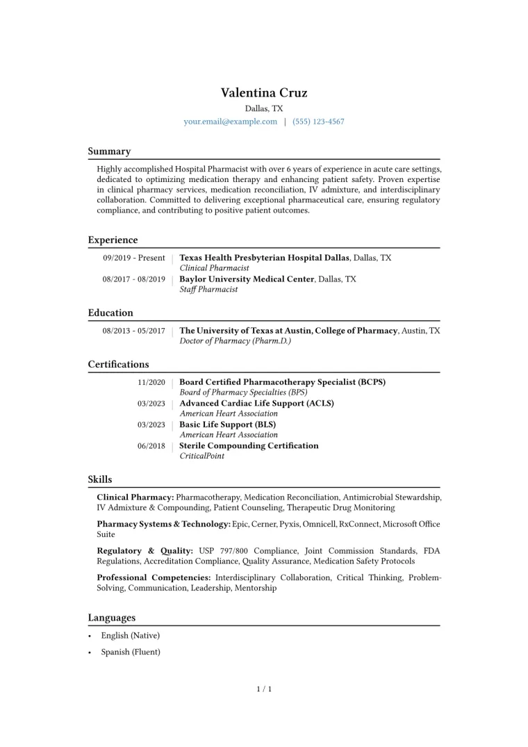 Hospital Pharmacist Resume Example CV template preview