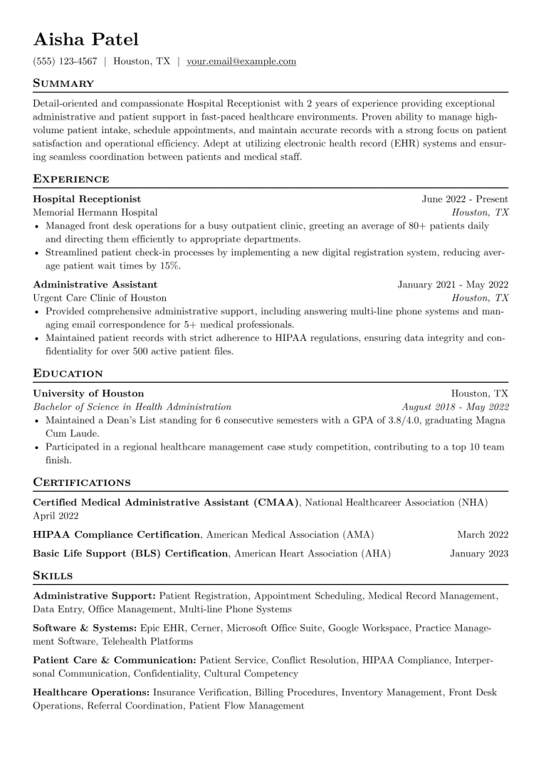 Hospital Receptionist Resume Example CV template preview