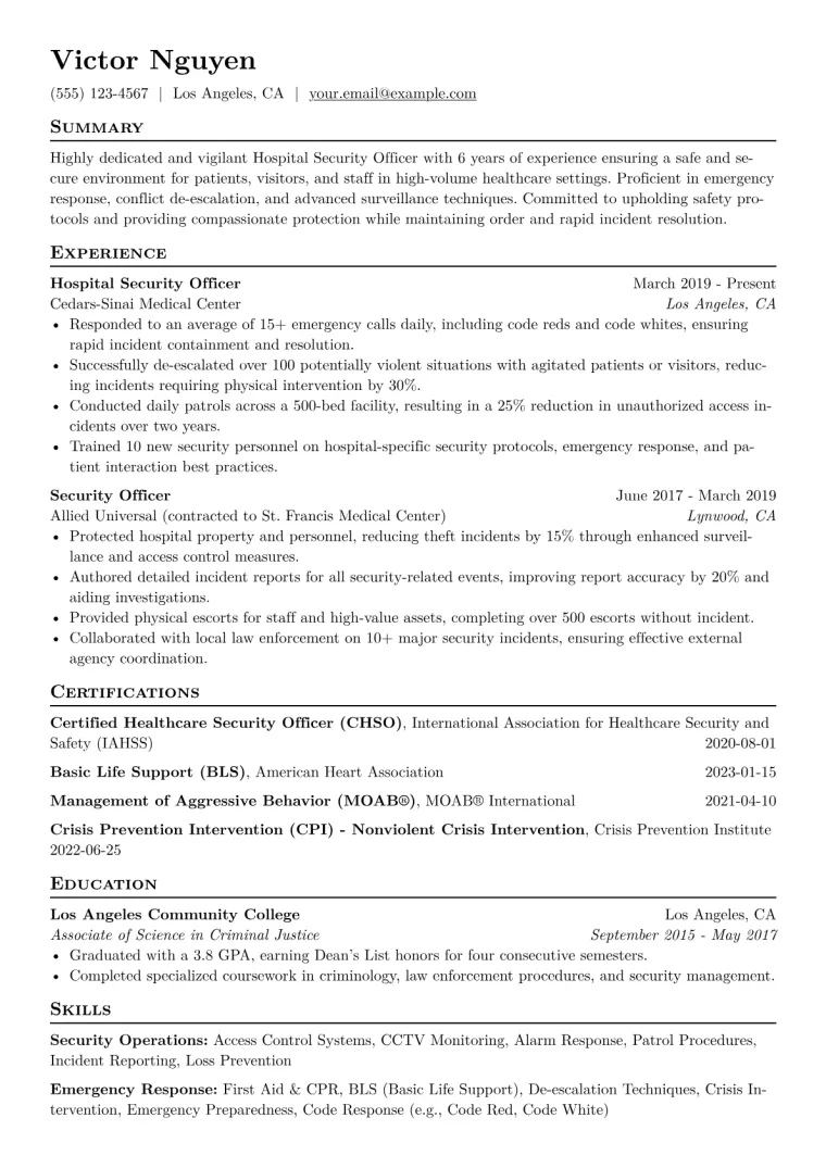Hospital Security Officer Resume Example CV template preview