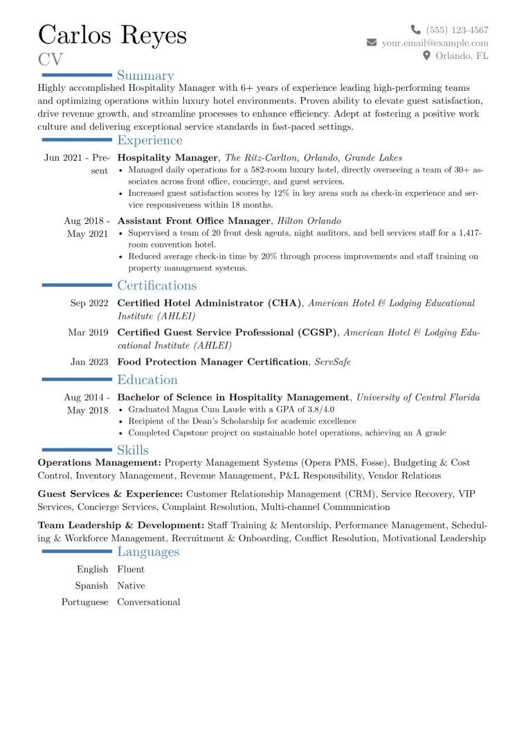 Hospitality Manager Resume Example CV template preview