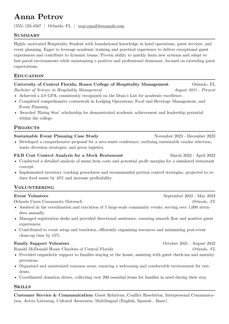 Hospitality Student Resume Example CV template preview