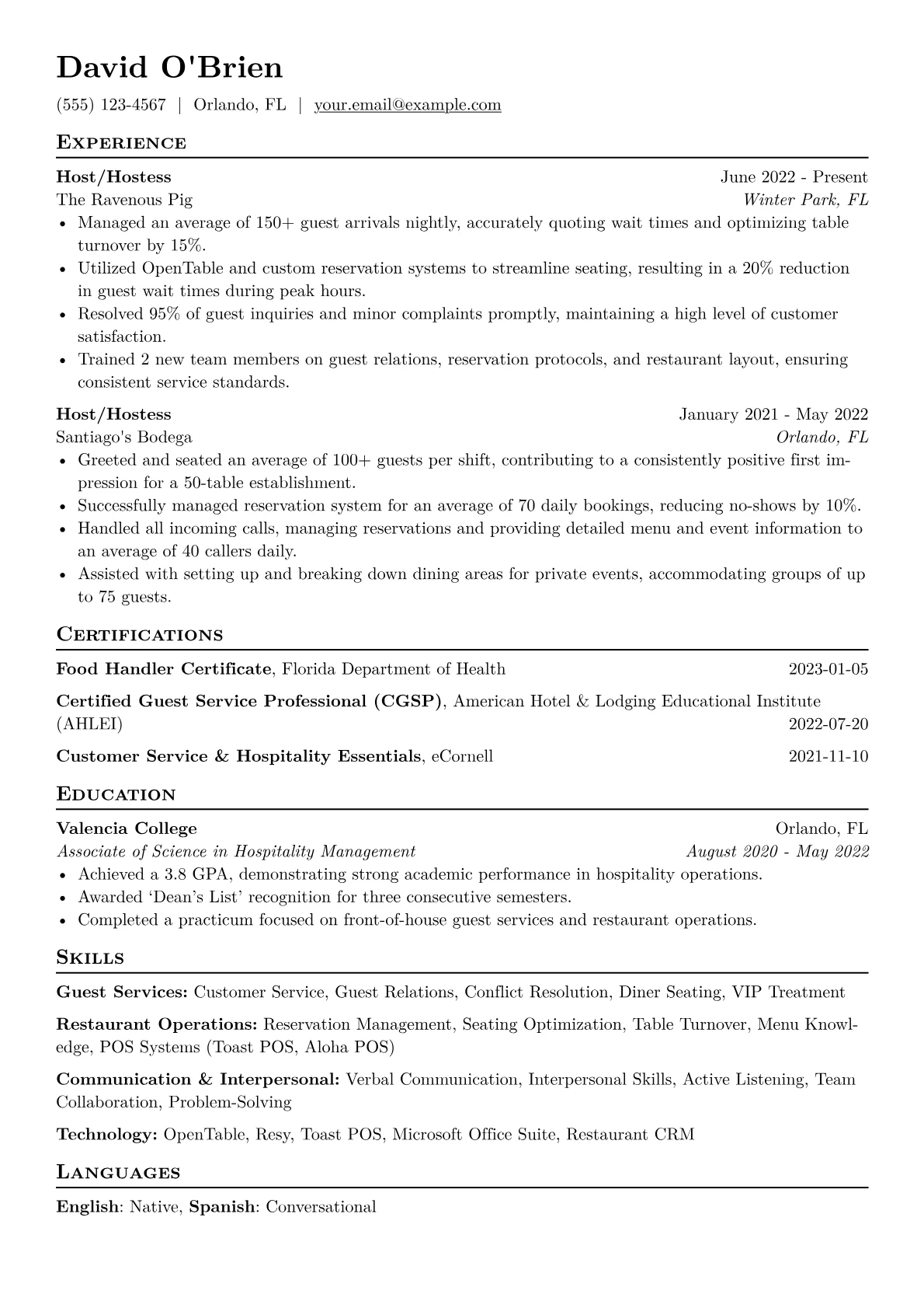 Host/Hostess Resume Example CV template - Page 1