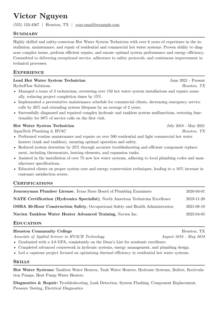 Hot Water System Technician Resume Example CV template preview