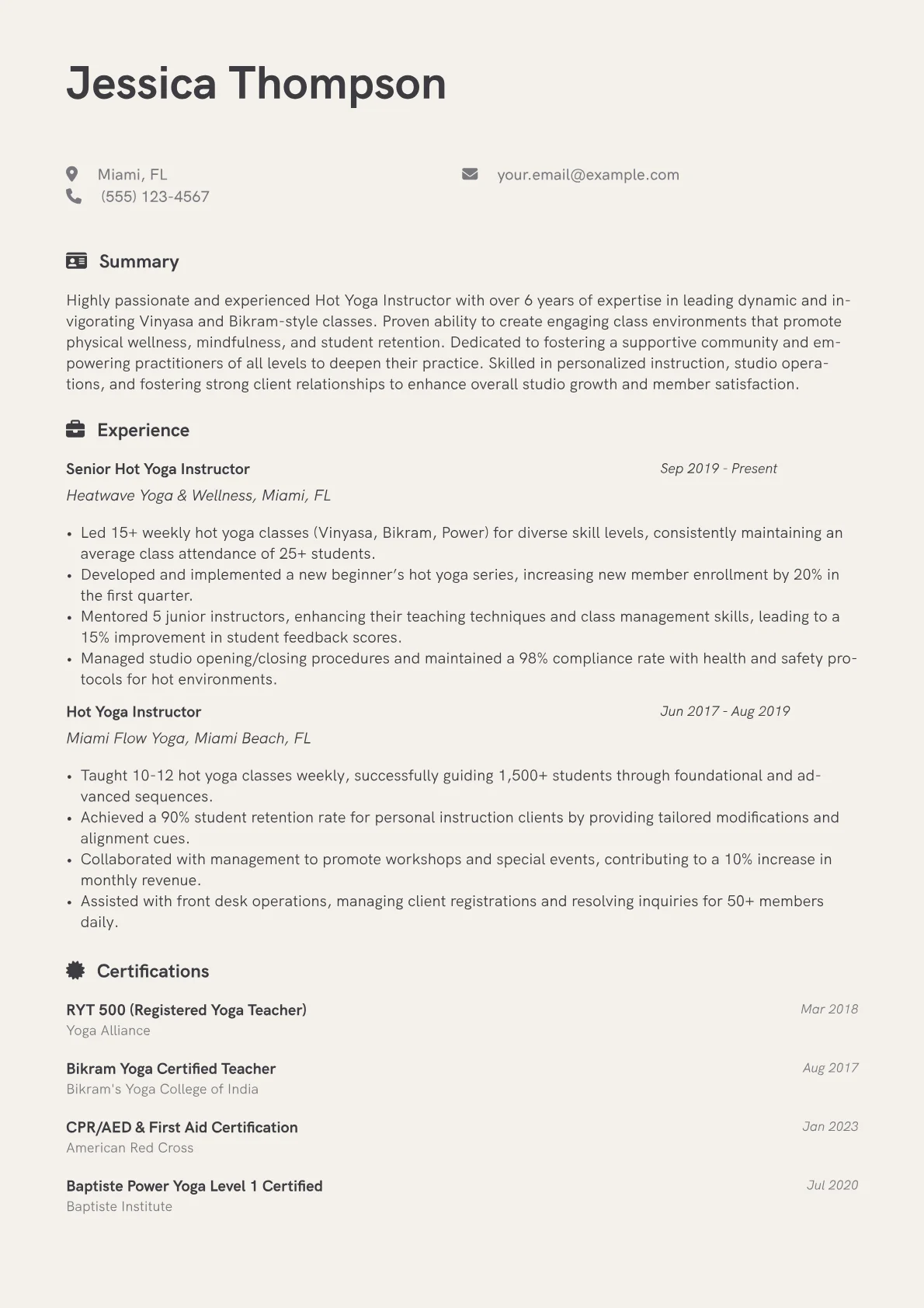 Hot Yoga Instructor Resume Example CV template - Page 1