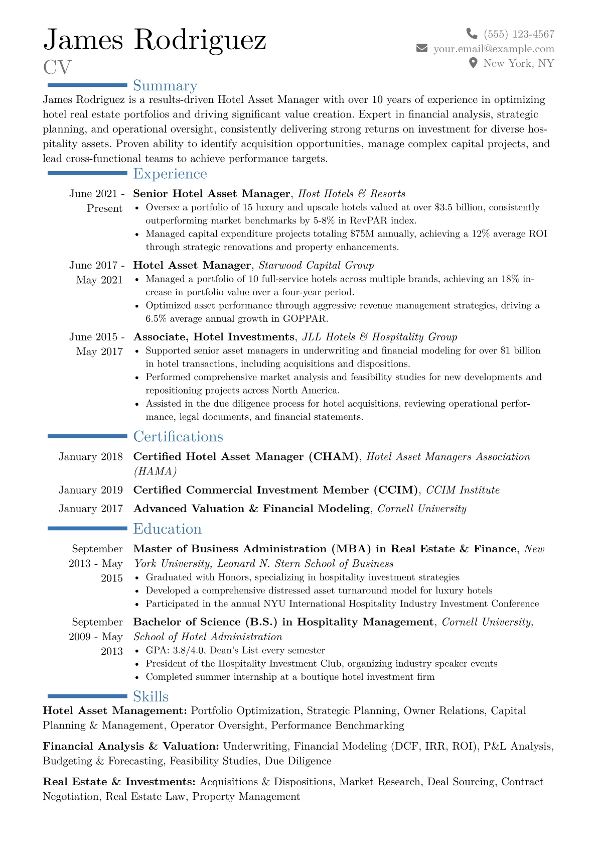 Hotel Asset Manager Resume Example CV template - Page 1