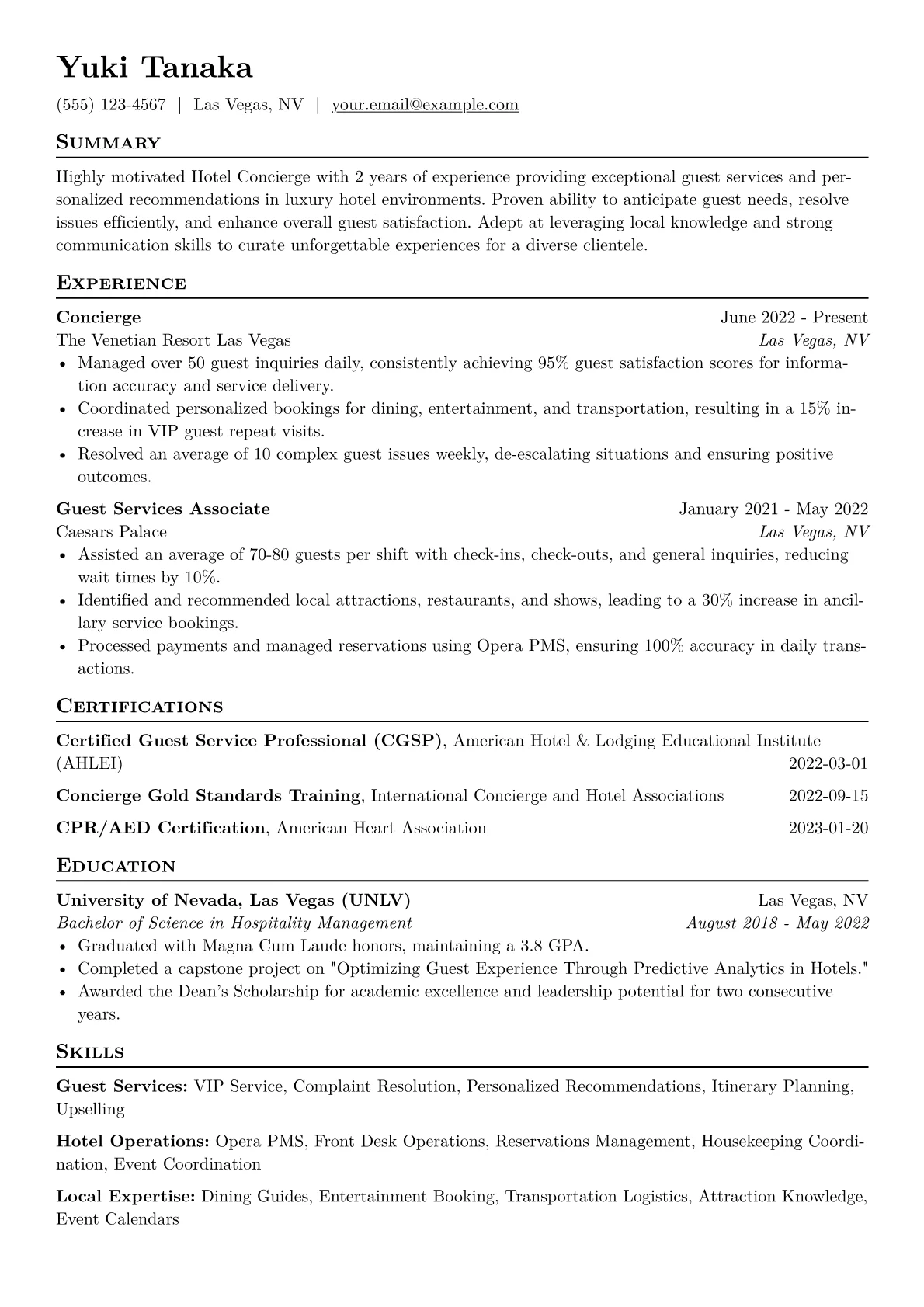 Hotel Concierge Resume Example CV template - Page 1