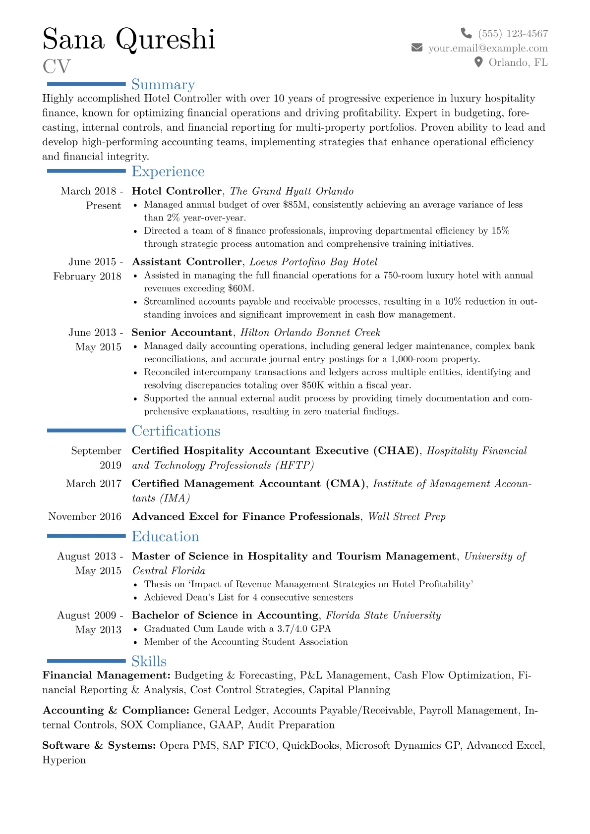 Hotel Controller Resume Example CV template - Page 1