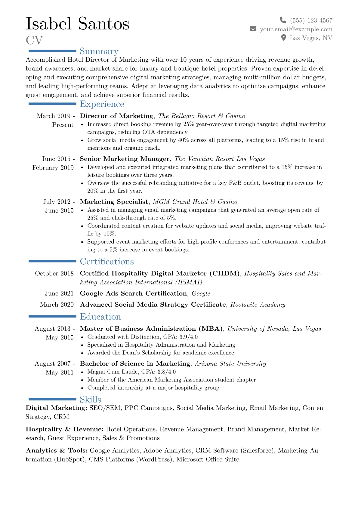 Hotel Director of Marketing Resume Example CV template - Page 1