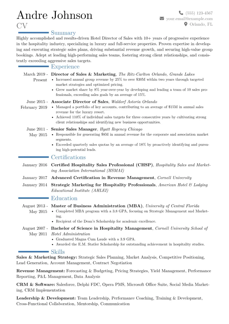 Hotel Director of Sales Resume Example CV template preview