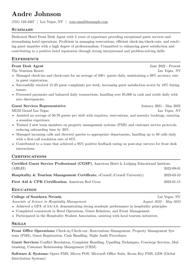 Hotel Front Desk Agent Resume Example CV template preview