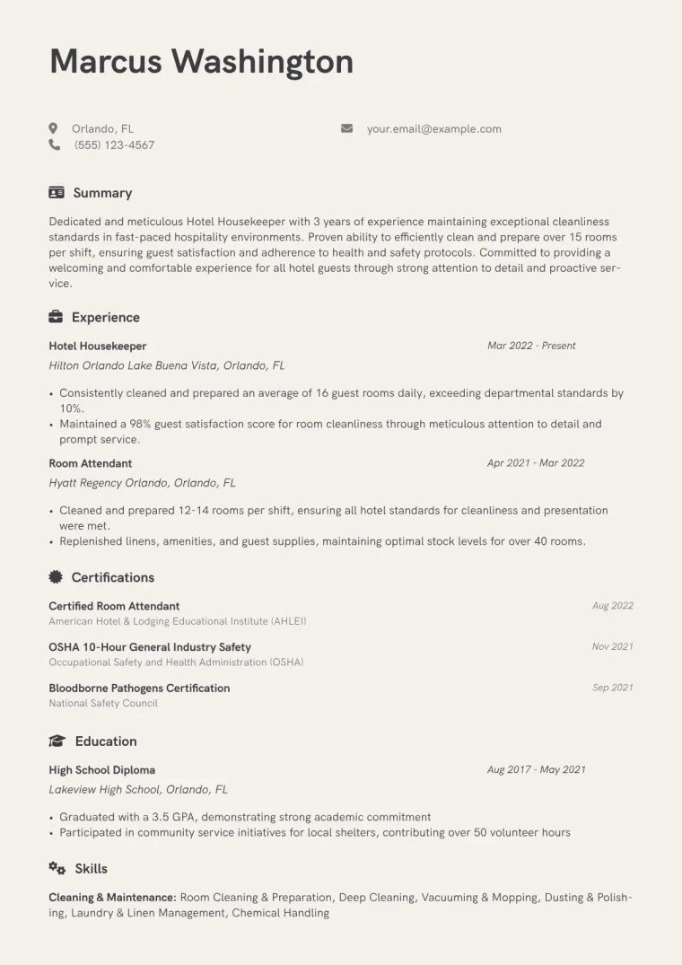 Hotel Housekeeper Resume Example CV template preview