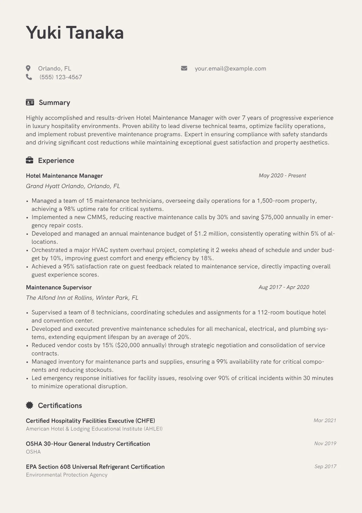 Hotel Maintenance Manager Resume Example CV template - Page 1