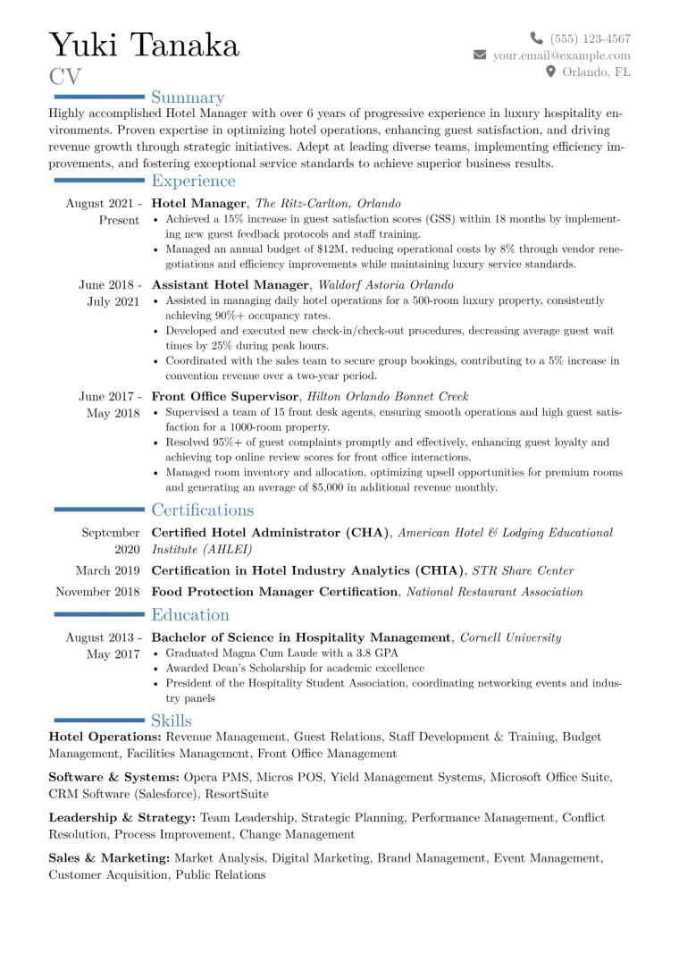 Hotel Manager Resume Example CV template preview