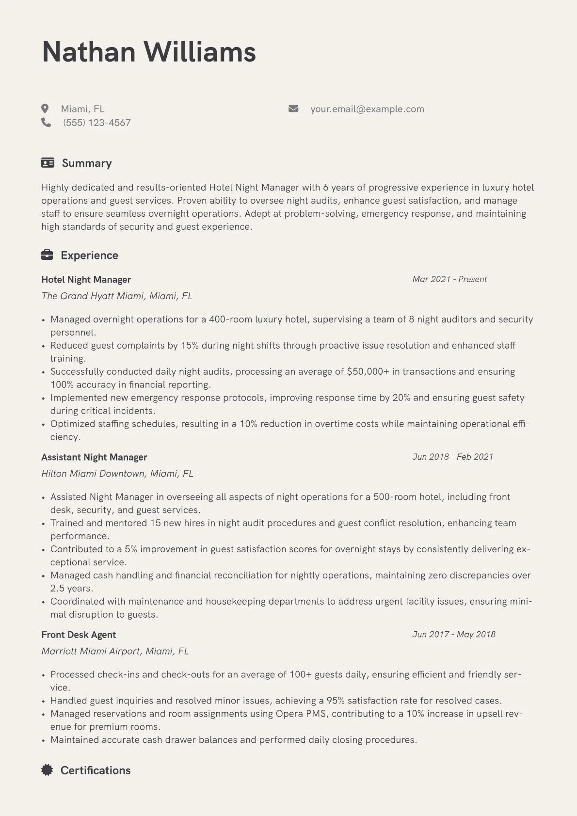 Hotel Night Manager Resume Example CV template - Page 1