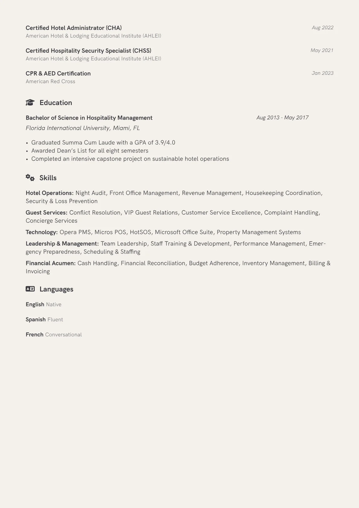 Hotel Night Manager Resume Example CV template - Page 2