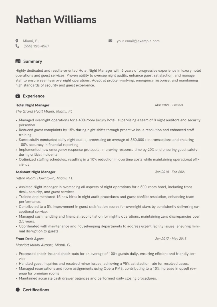Hotel Night Manager Resume Example CV template preview