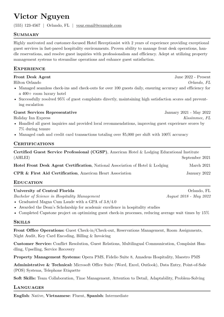 Hotel Receptionist Resume Example CV template preview