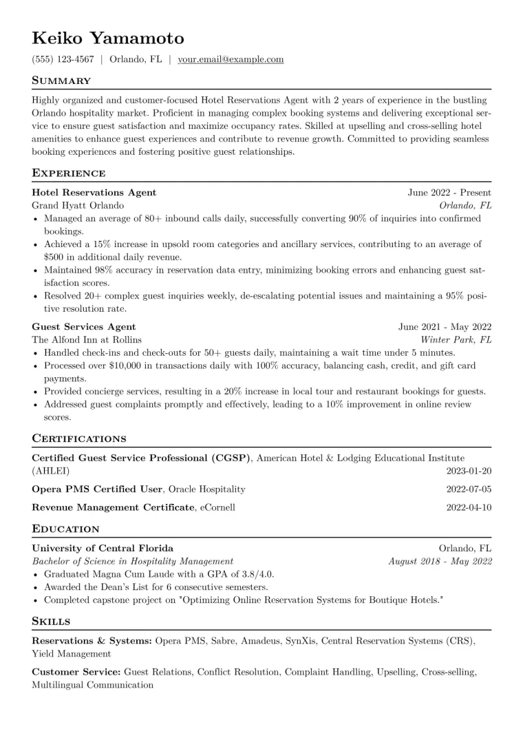 Hotel Reservations Agent Resume Example CV template preview