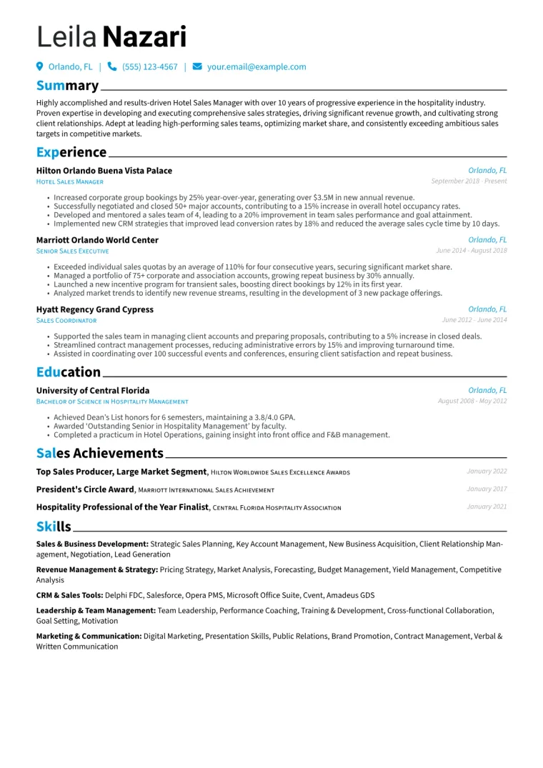 Hotel Sales Manager Resume Example CV template preview