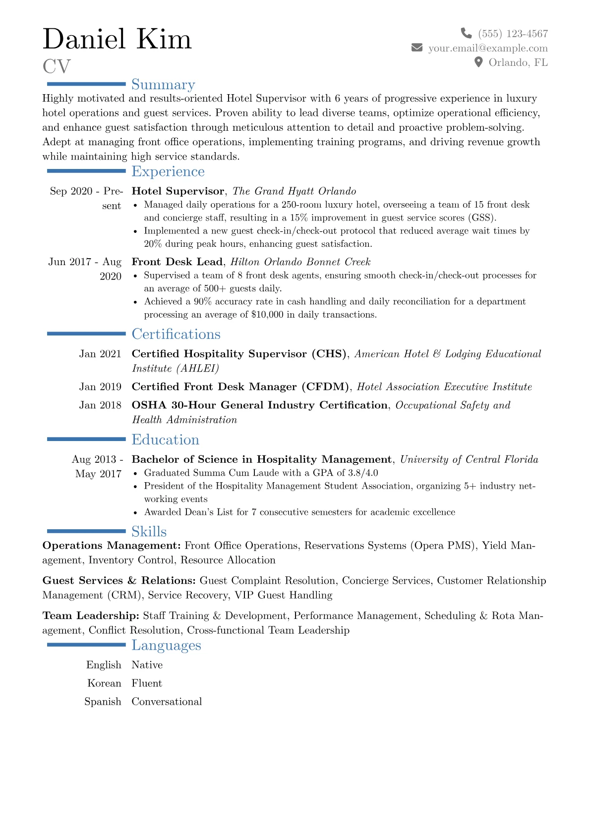 Hotel Supervisor Resume Example CV template - Page 1