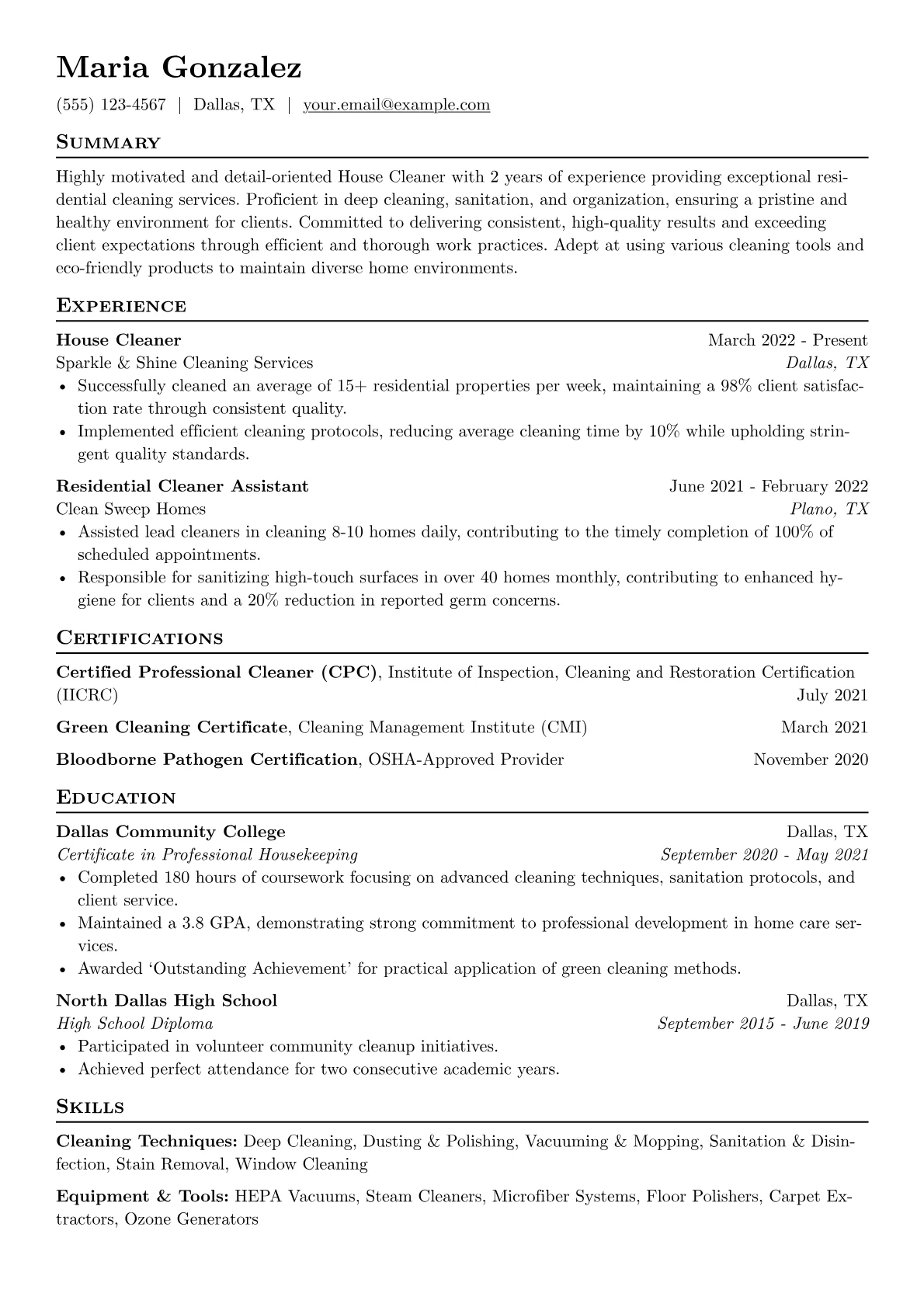 House Cleaner Resume Example CV template - Page 1