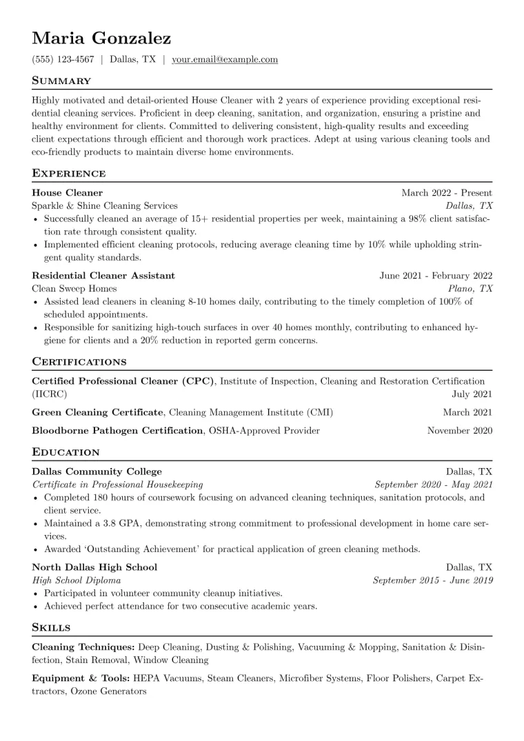 House Cleaner Resume Example CV template preview