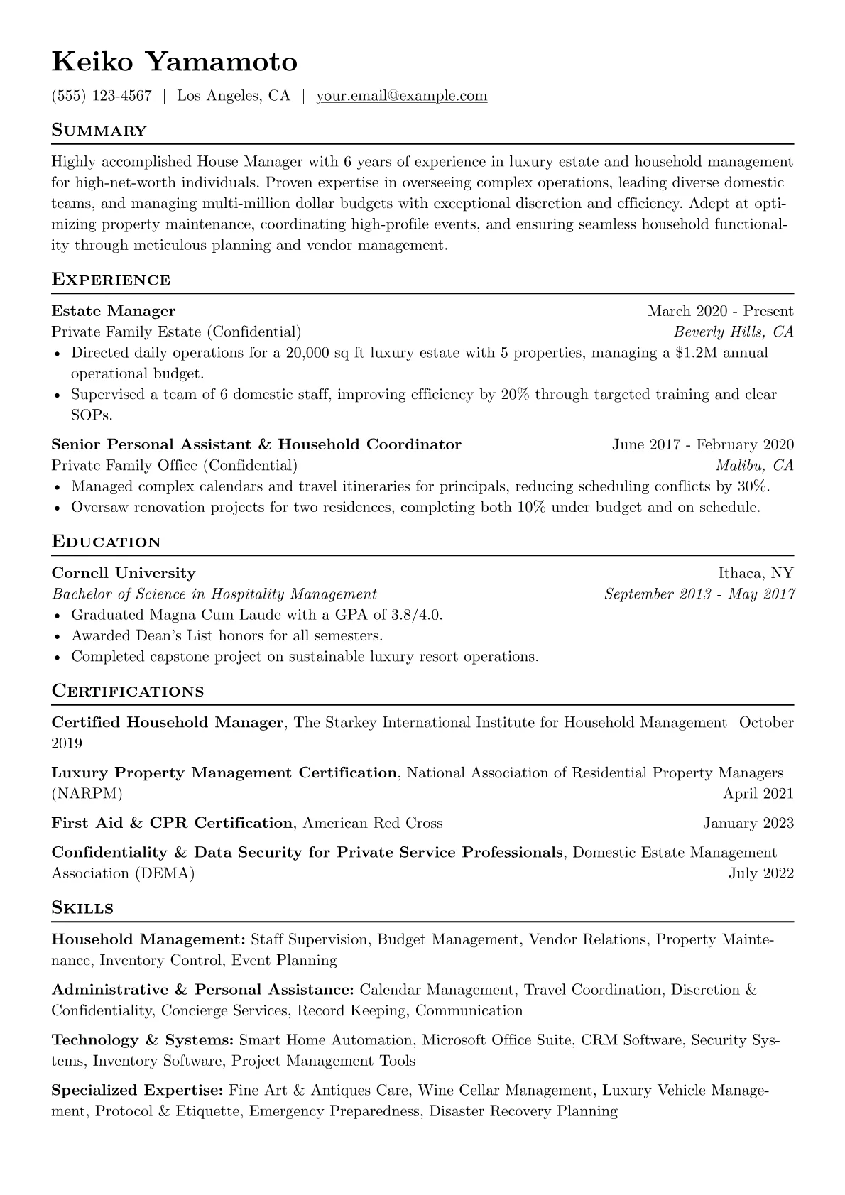 House Manager Resume Example CV template - Page 1