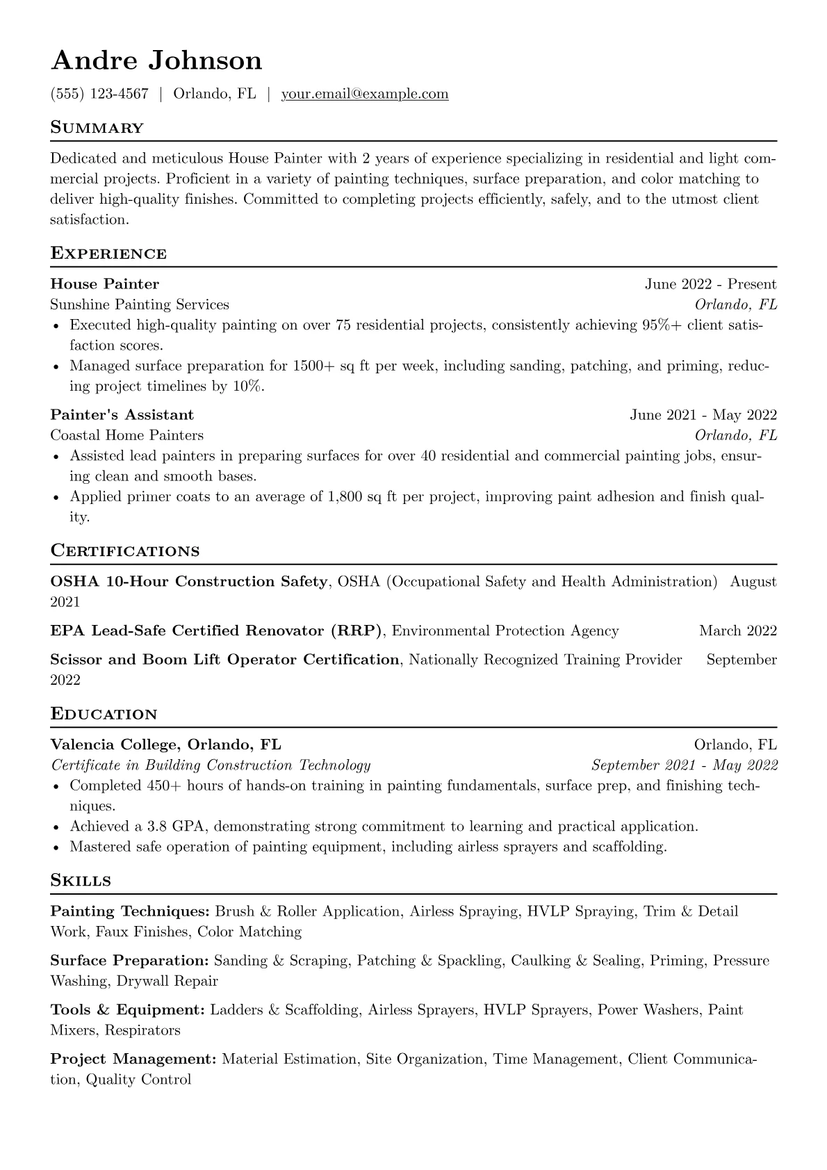 House Painter Resume Example CV template - Page 1