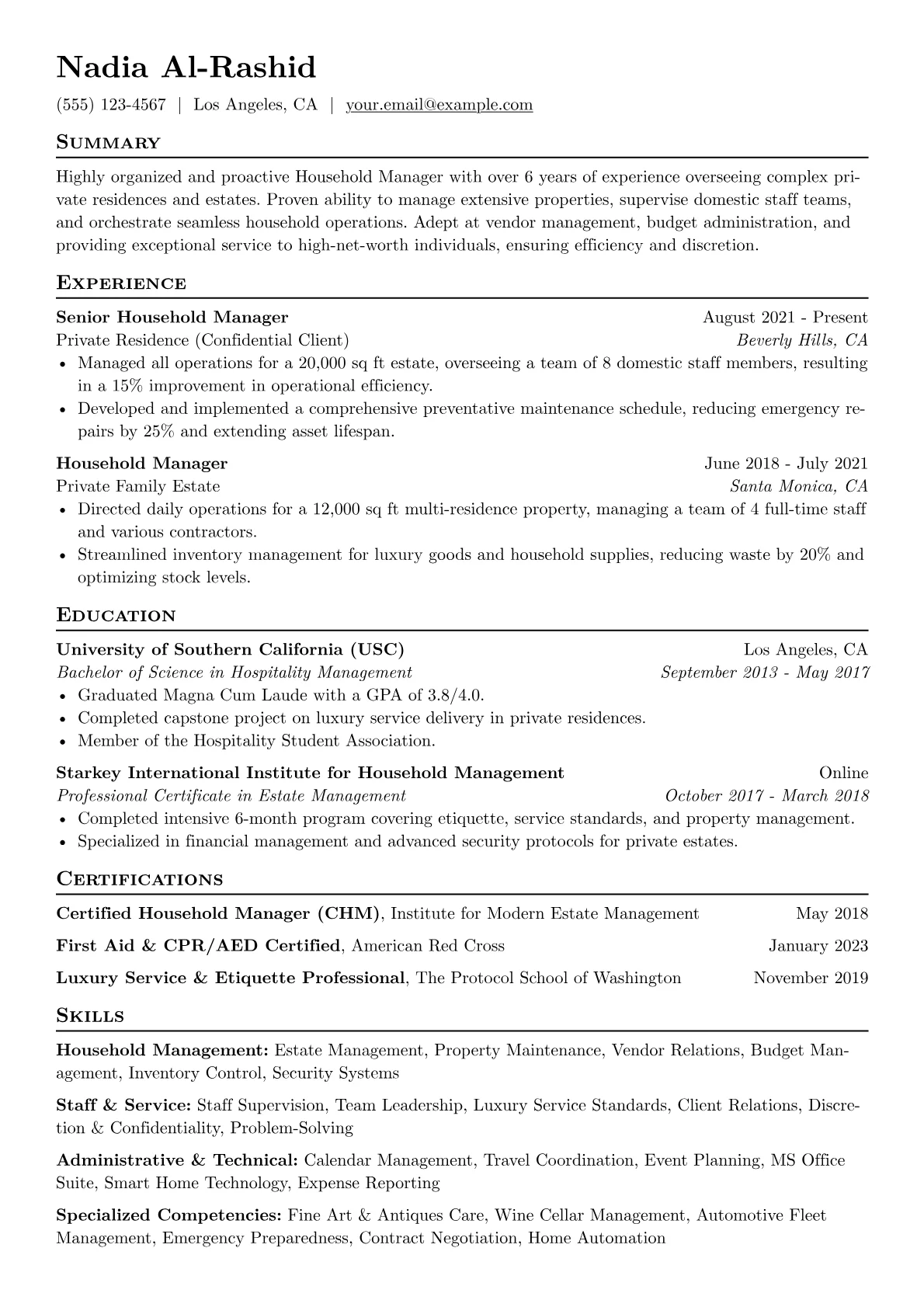 Household Manager Resume Example CV template - Page 1