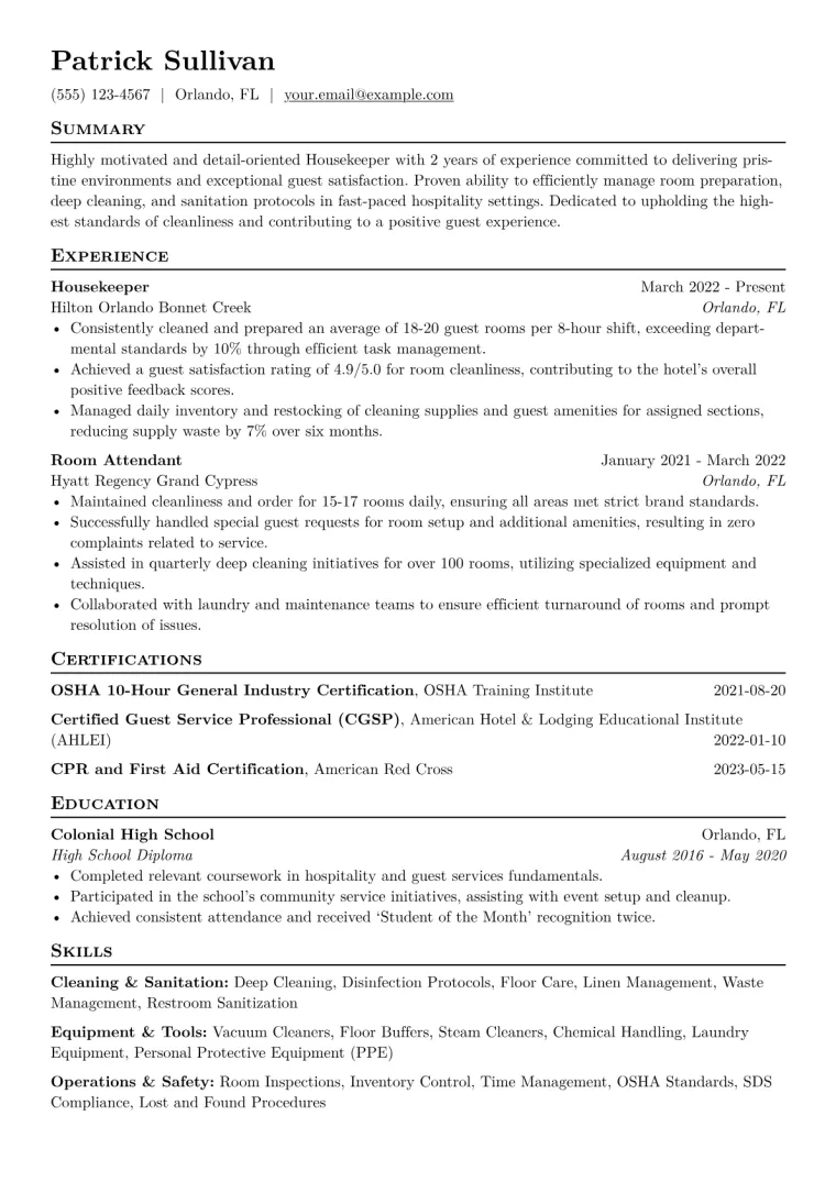 Housekeeper Resume Example CV template preview