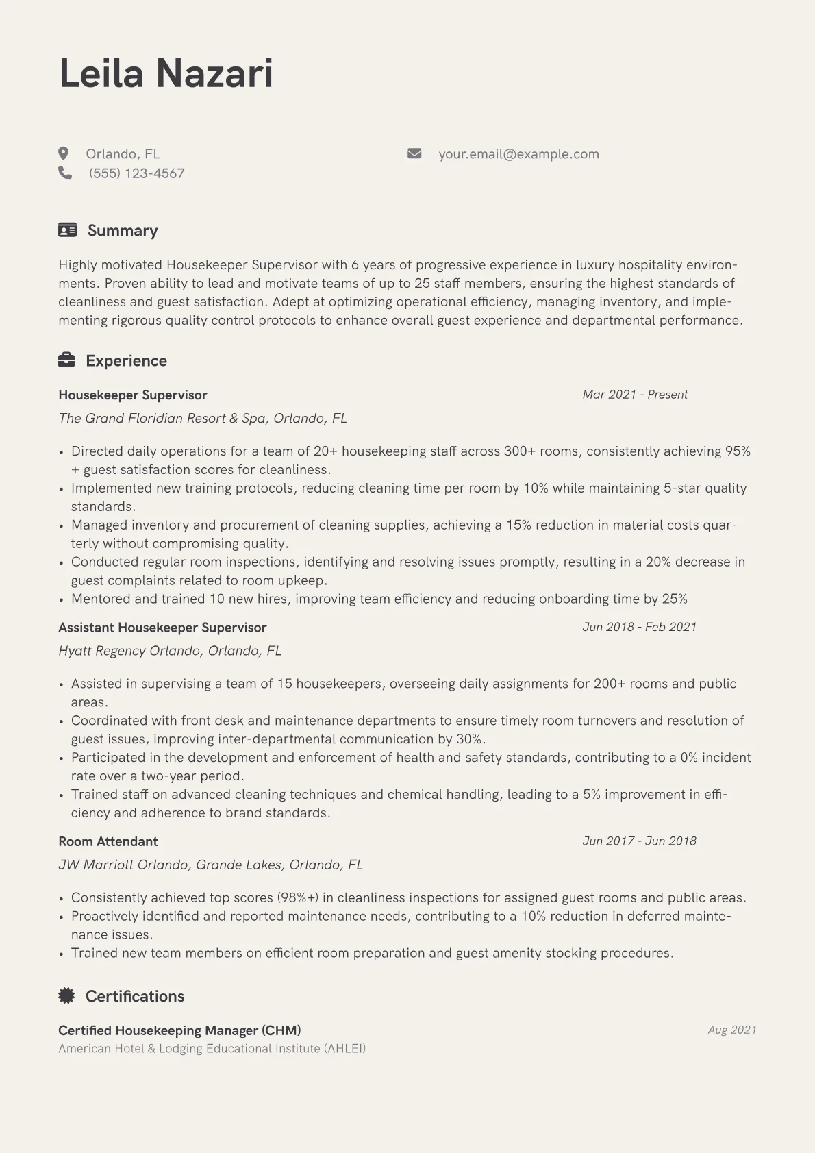 Housekeeper Supervisor Resume Example CV template - Page 1