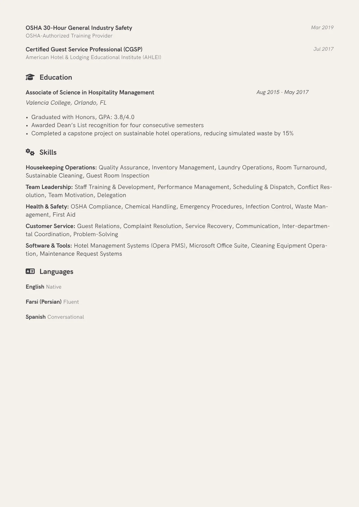 Housekeeper Supervisor Resume Example CV template - Page 2