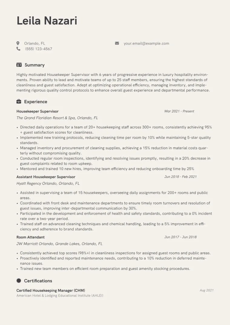 Housekeeper Supervisor Resume Example CV template preview