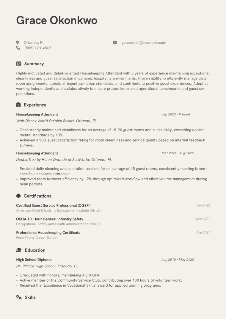 Housekeeping Attendant Resume Example CV template preview