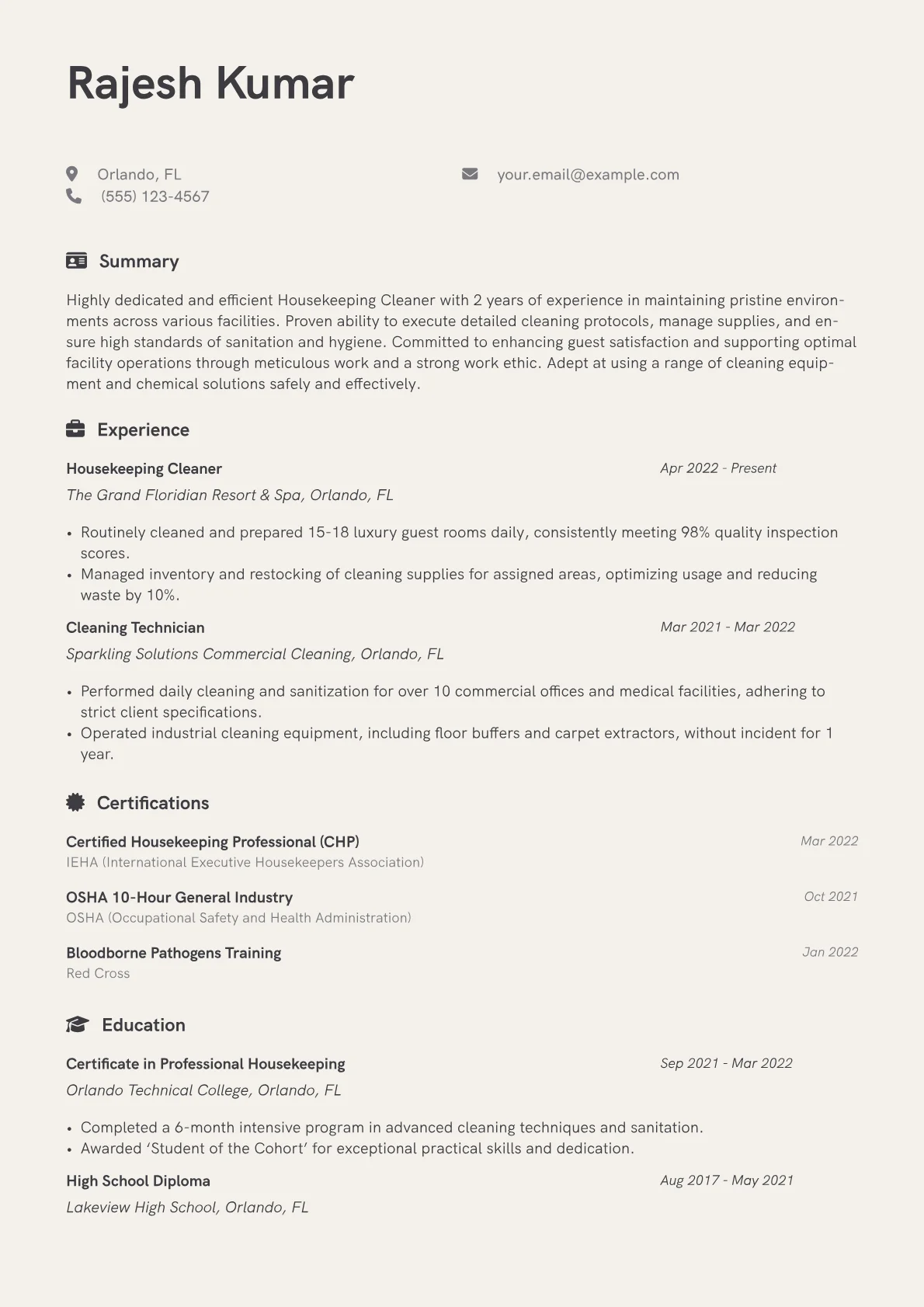 Housekeeping Cleaner Resume Example CV template - Page 1