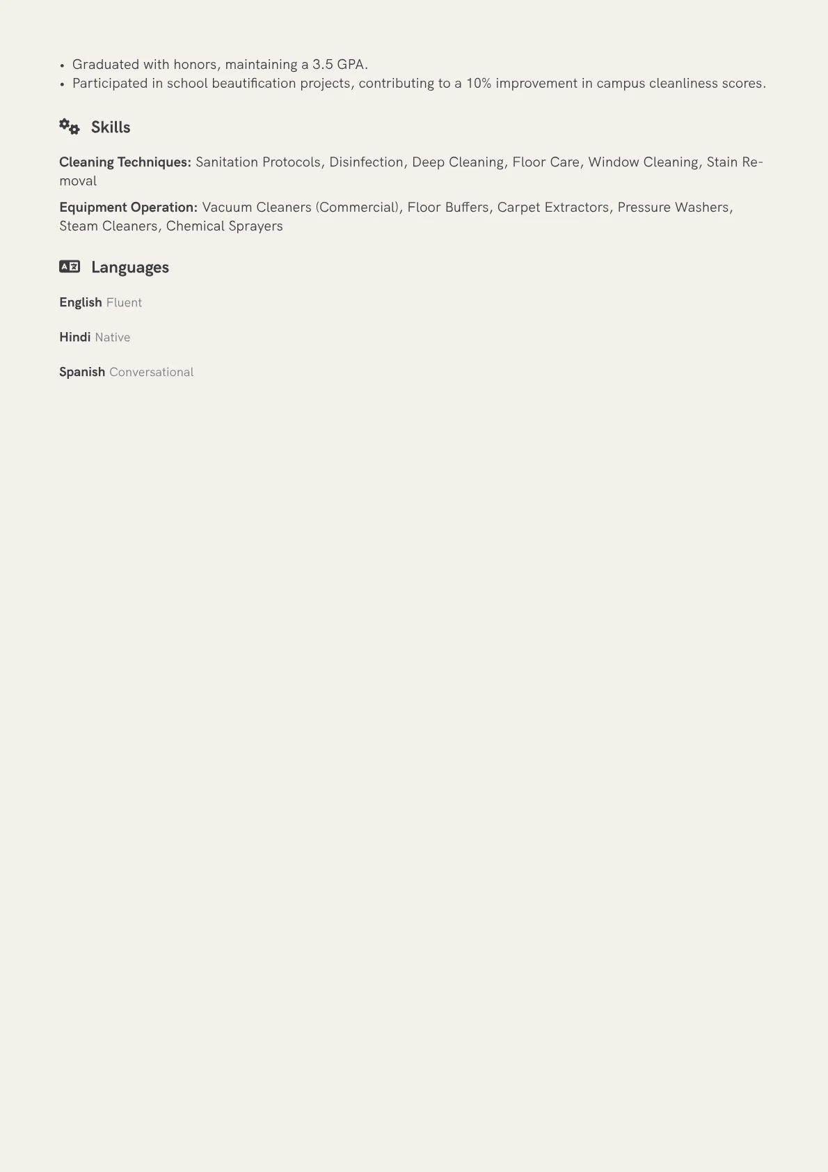 Housekeeping Cleaner Resume Example CV template - Page 2