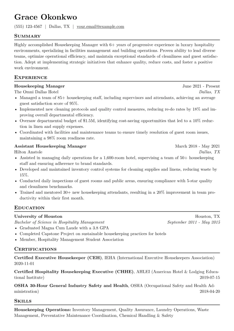 Housekeeping Manager Resume Example CV template preview