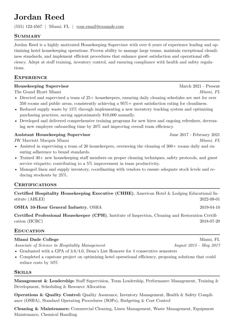Housekeeping Supervisor Resume Example CV template preview