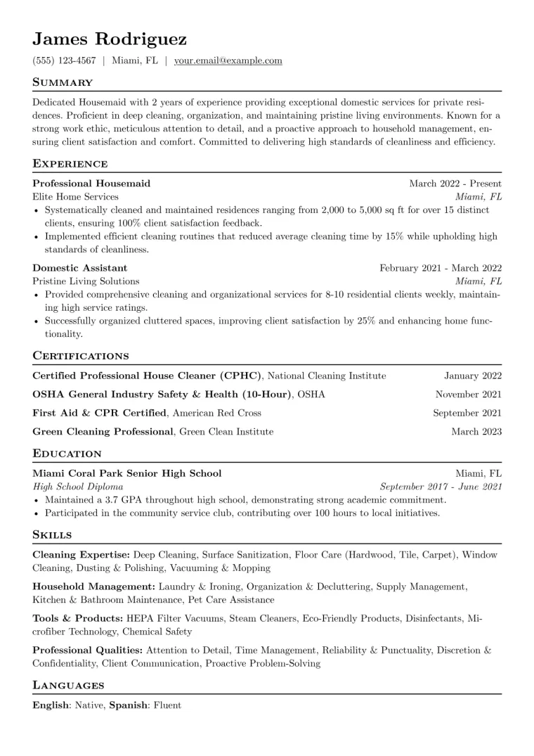 Housemaid Resume Example CV template preview