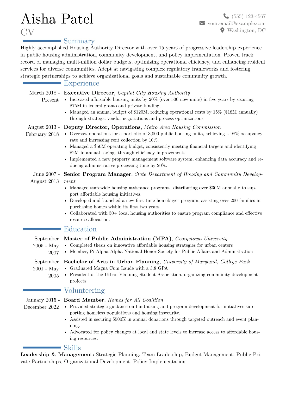 Housing Authority Director Resume Example CV template - Page 1