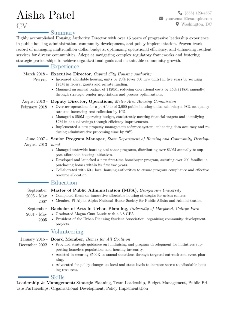 Housing Authority Director Resume Example CV template preview