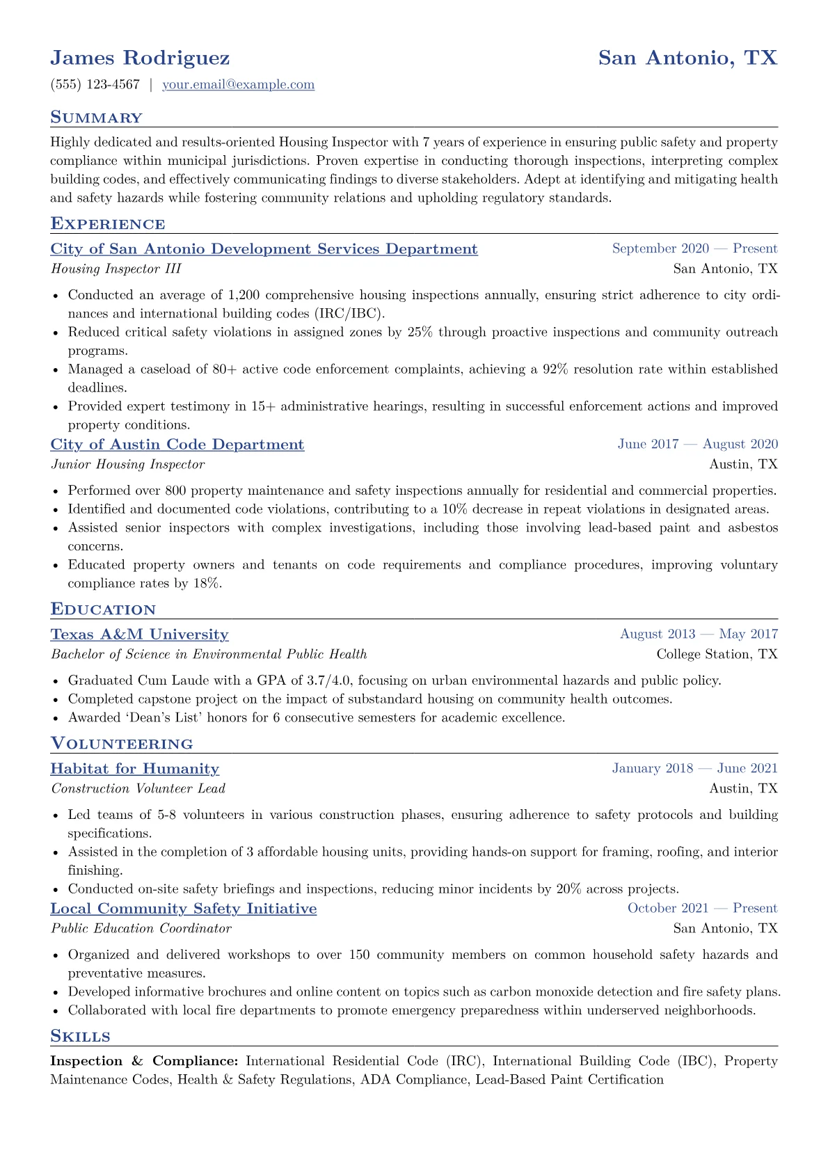 Housing Inspector Resume Example CV template - Page 1