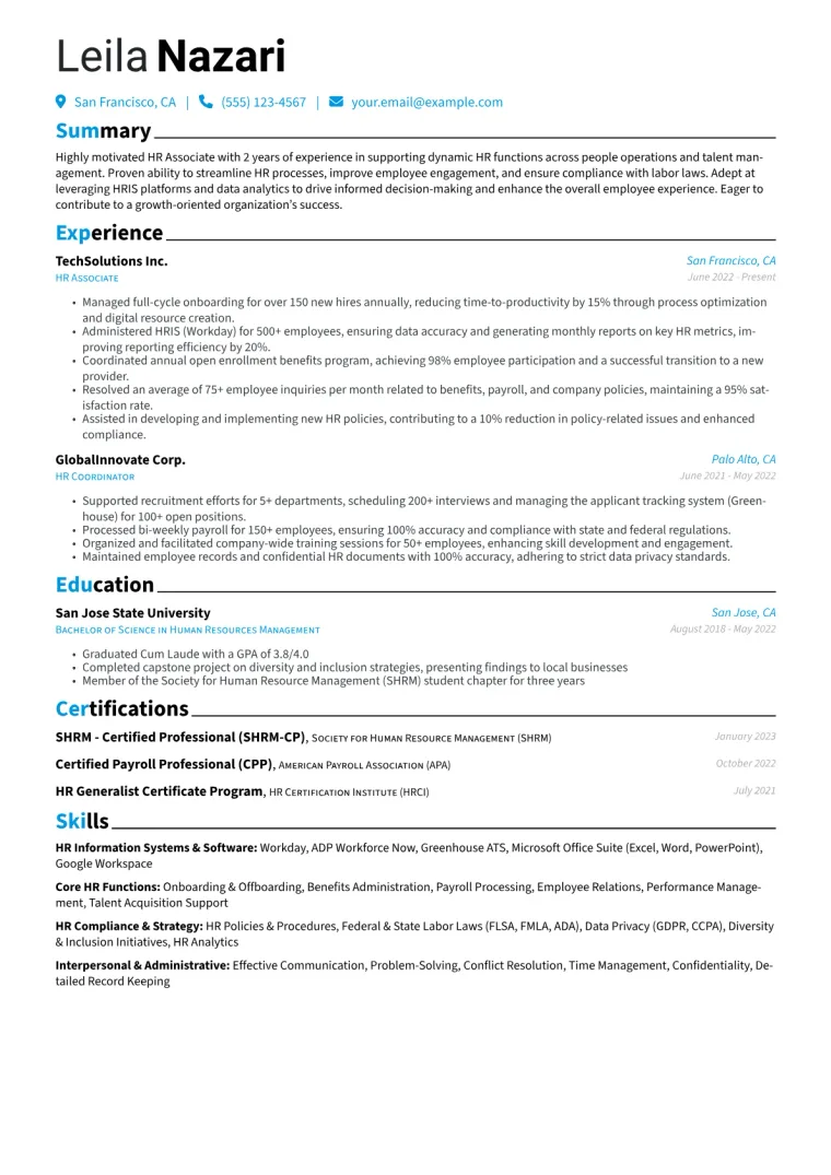 HR Associate Resume Example CV template preview