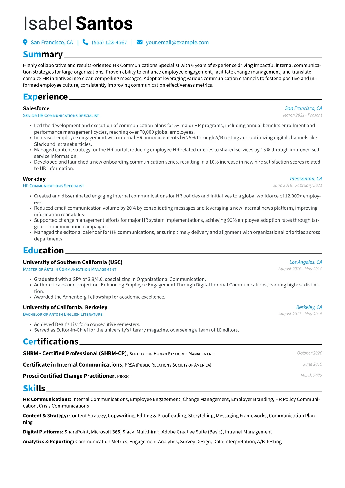 HR Communications Specialist Resume Example CV template - Page 1